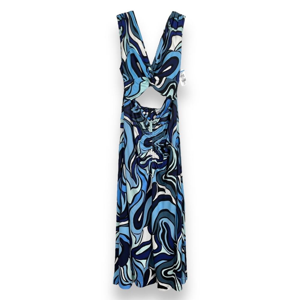 Rebecca Vallence Mira Printed Cutout Midi Dress Womens 8 Blue Black Abstract